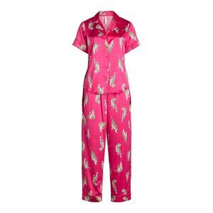 Joyspun Womens Satin Top and Pants Pajama Set 2-Piece Sizes 3X FUSHIA PRINT NIP